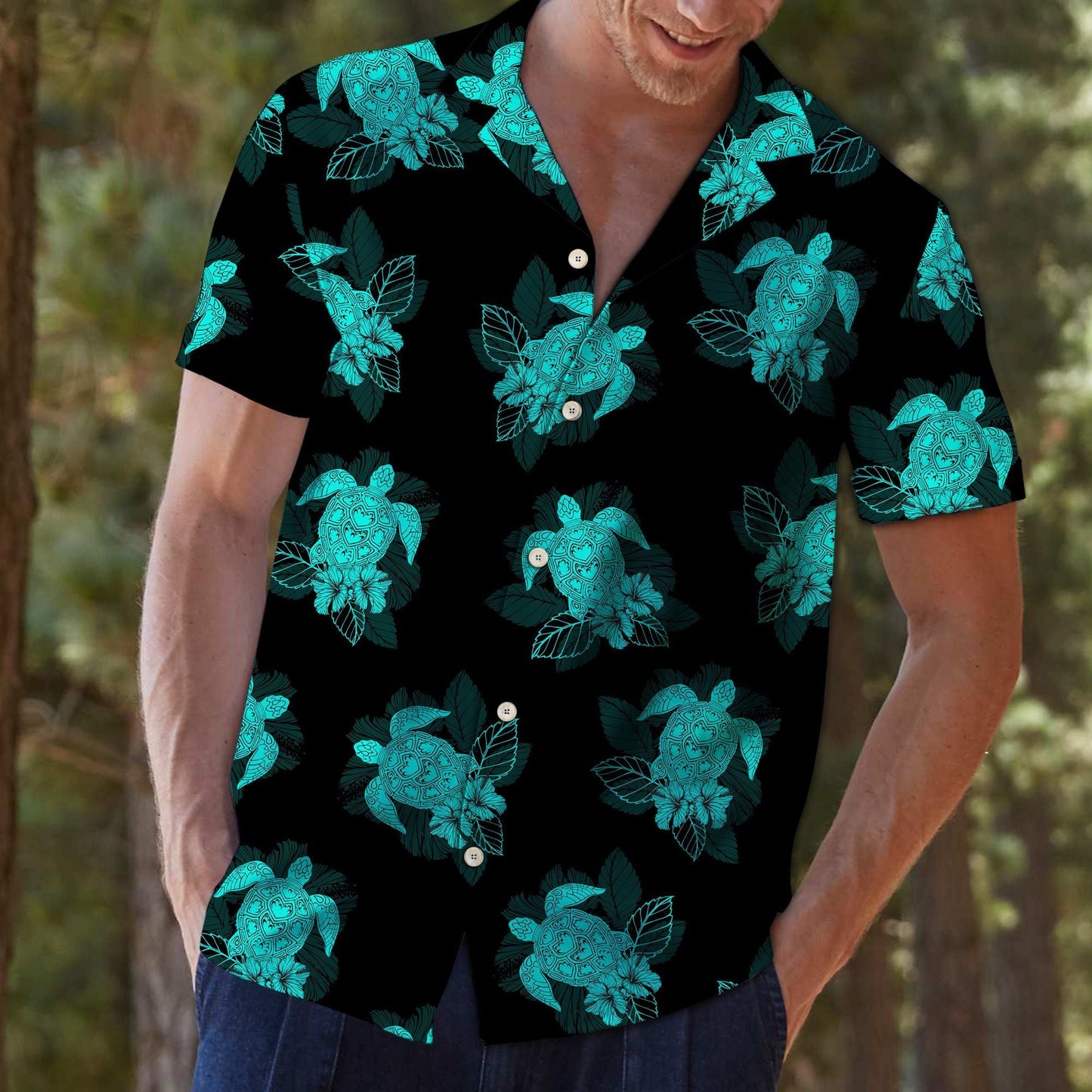 Turtle Dark Turquoise And Black Design Hawaiian Shirt, Hawaiian For Gift