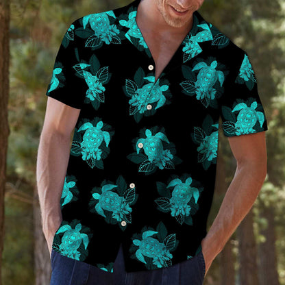 Turtle Dark Turquoise And Black Design Hawaiian Shirt, Hawaiian For Gift