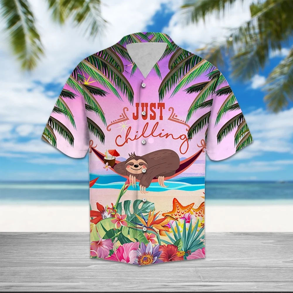 Lazy Sloth Just Chilling Aloha Beach Design Themed Hawaiian Shirt, Hawaiian Shirt Gift, Christmas Gift