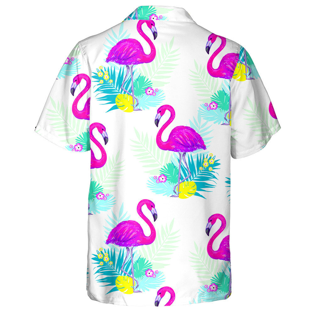 Flamingo With Tropical Leaves On WHite Background Hawaiian Shirt, Hawaiian Shirt Gift, Christmas Gift