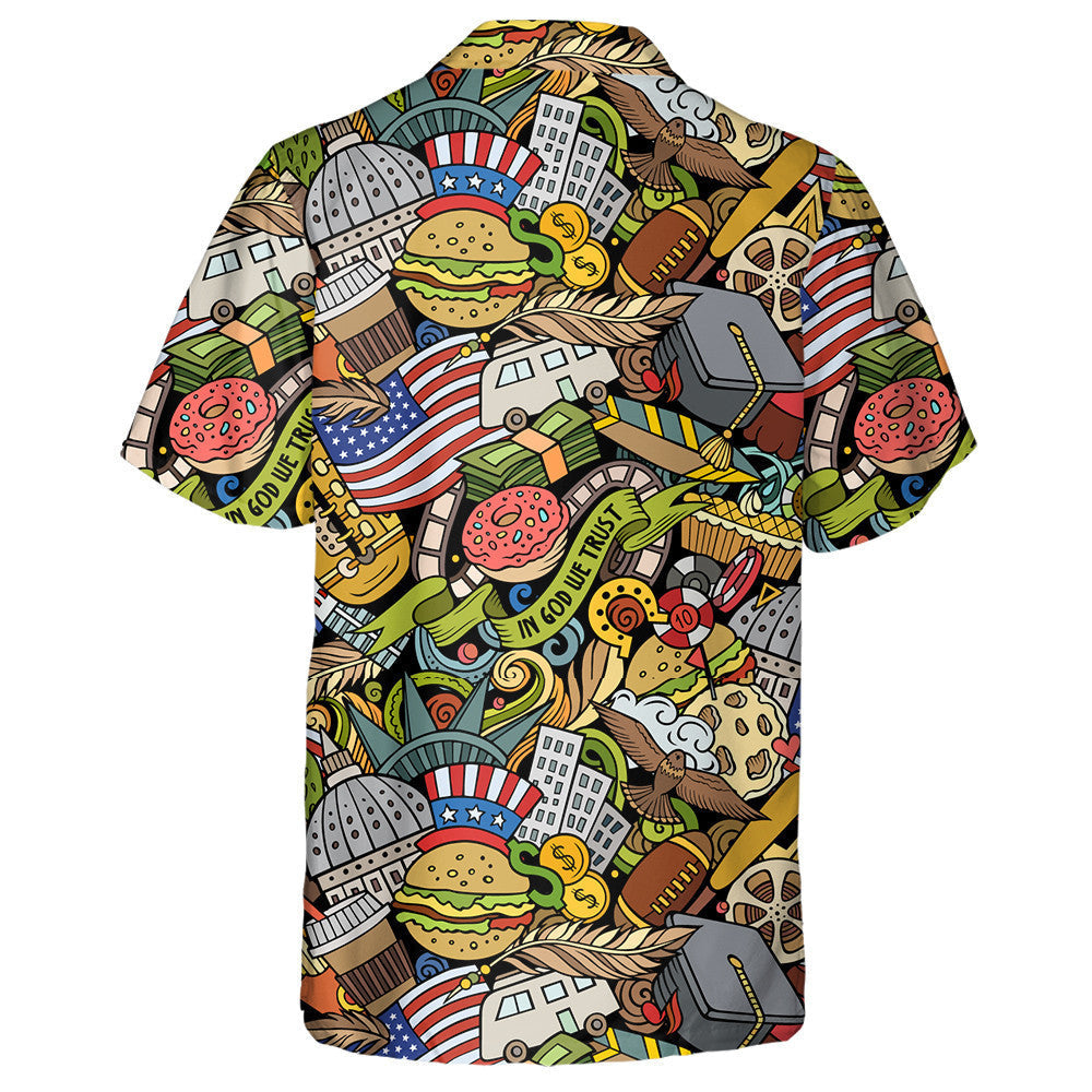 Cartoon Doodles Backdrop With American Culture Symbols And Items Hawaiian Shirt, Hawaiian Shirt Gift, Christmas Gift