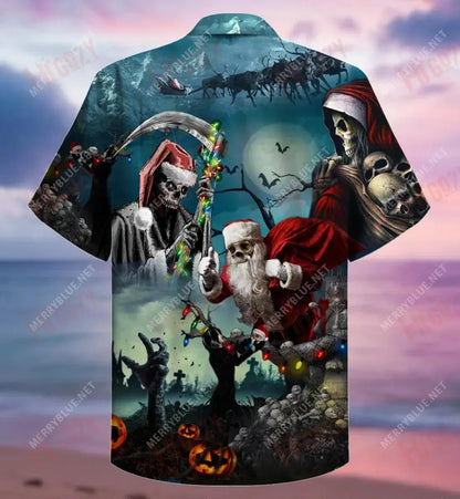 Chistmas Santa Claus Skull Short Short Sleeve Shirt Summer Hawaiian T Shirts Tactical Hawaiian Shirt Hawaiian Shirt Pattern, Hawaiian Shirt Gift, Christmas Gift