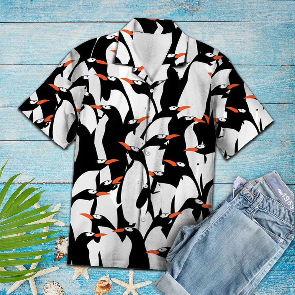 Cartoon Cute Black And White Penguin Group Pattern Hawaiian Shirt, Hawaiian Shirt Gift, Christmas Gift