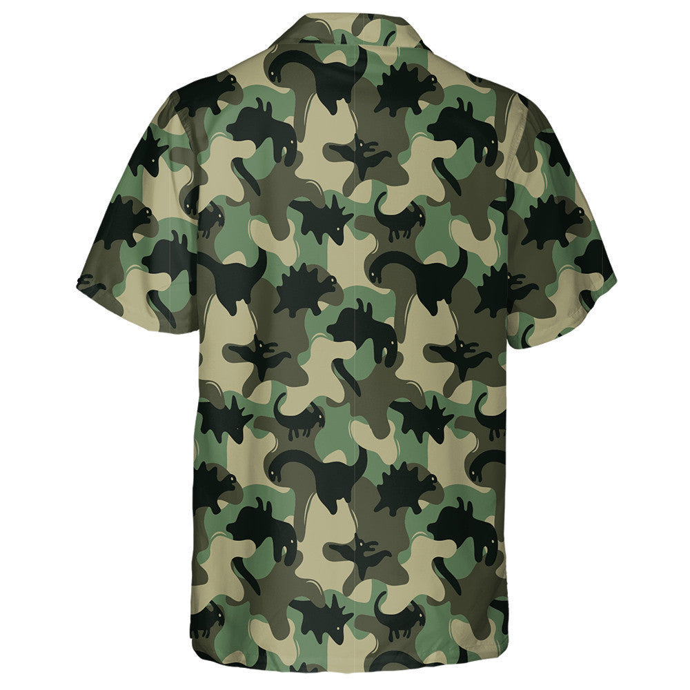 Black Dinosaur Skeletons Silhouette Green Camo Pattern Hawaiian Shirt, Hawaiian Shirt Gift, Christmas Gift