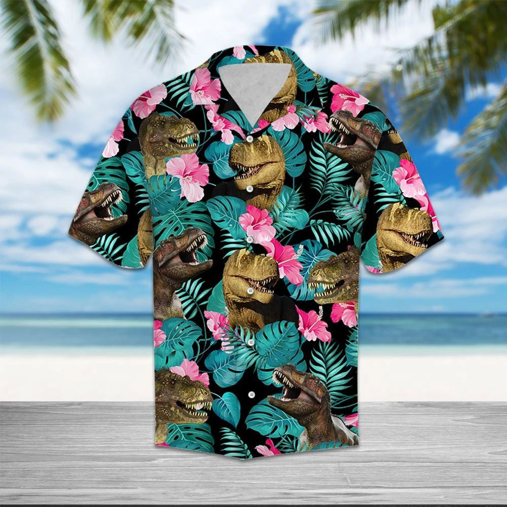 T-rex In Jungle With Pink Hibiscus Design Hawaiian Shirt, Hawaiian Shirt Gift, Christmas Gift