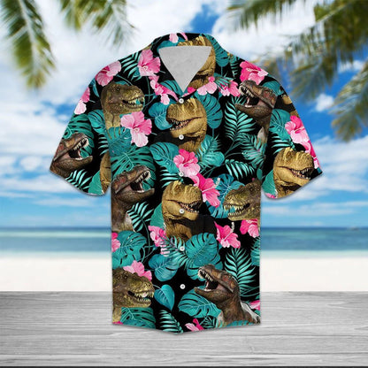 T-rex In Jungle With Pink Hibiscus Design Hawaiian Shirt, Hawaiian Shirt Gift, Christmas Gift