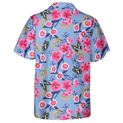 Spring Theme Sweet Blooming Pink Meadow And Butterfly Hawaiian Shirt, Hawaiian Shirt Gift, Christmas Gift