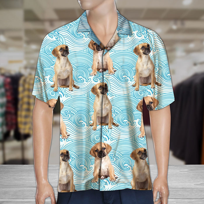 Cute Baby Puggle On Blue Waves Pattern Hawaiian Shirt, Hawaiian Shirt Gift, Christmas Gift