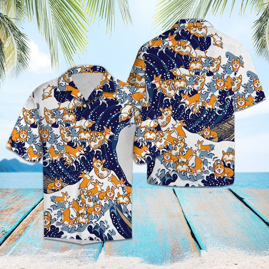 Funny Corgi Group Playing Ocean Waves Cartoon Hawaiian Shirt, Hawaiian Shirt Gift, Christmas Gift
