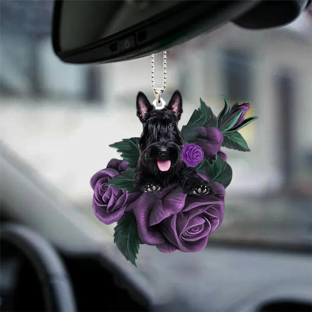 Scottish Terrier In Purple Rose Car Hanging Ornament, Christmas Decoration