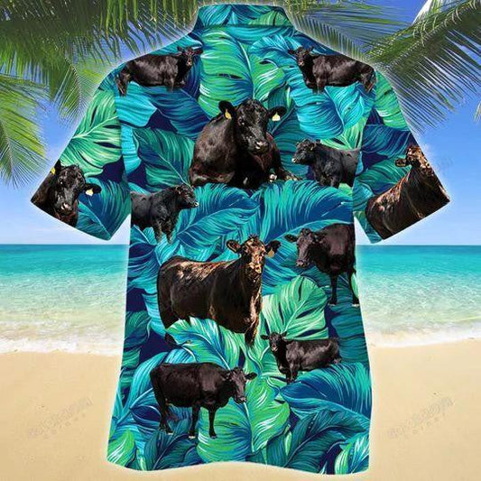 Black Angus Cattle Watercolor Tropical Leaves Pattern Hawaiian Shirt, Hawaiian Shirt Gift, Christmas Gift