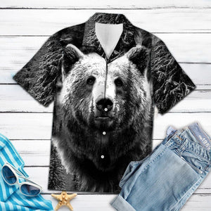 Wild Bear Black And White Portrait Design Themed Hawaiian Shirt, Hawaiian Shirt Gift, Christmas Gift