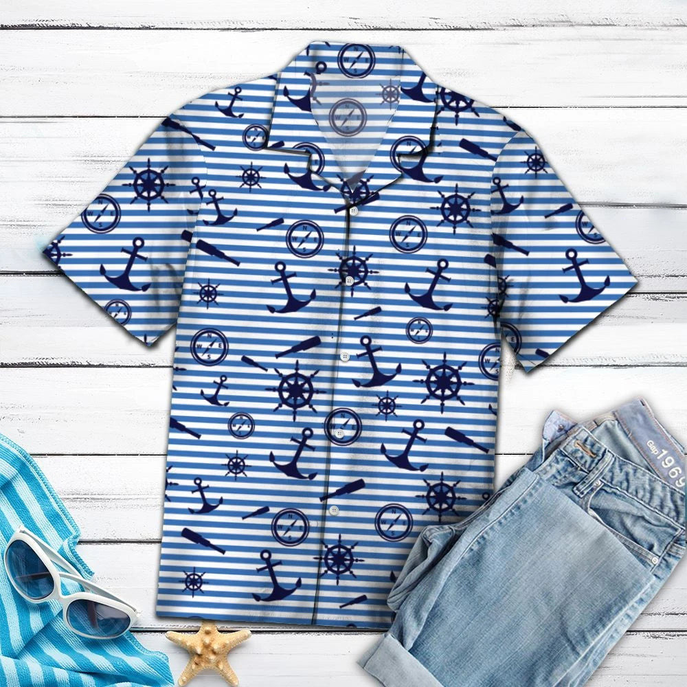 Amazing Navy Striped Nautical Anchor Pattern Hawaiian Shirt, Hawaiian Shirt Gift, Christmas Gift