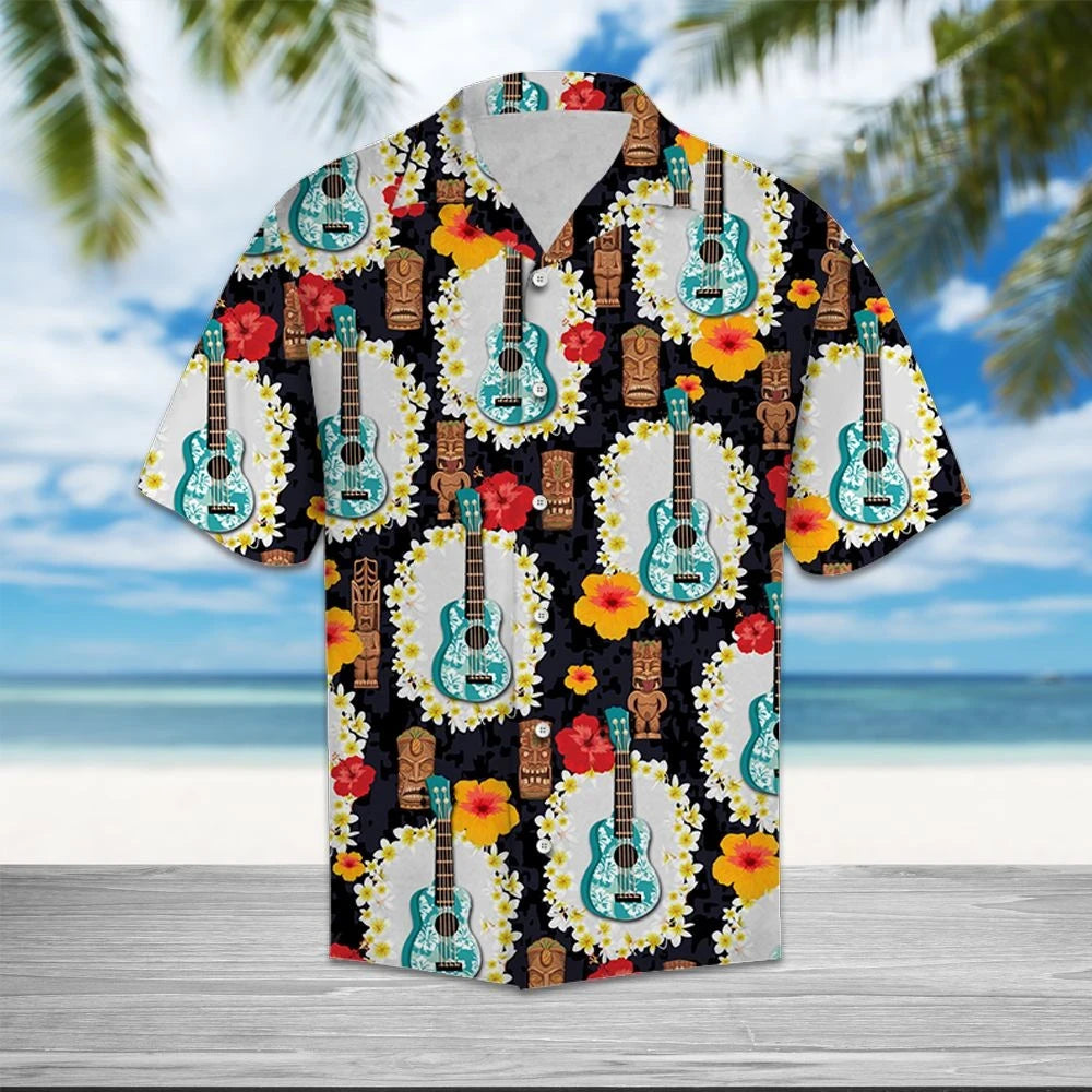 Ukulele Tiki With Hibiscus Design Hawaiian Shirt, Hwaiian For Gift