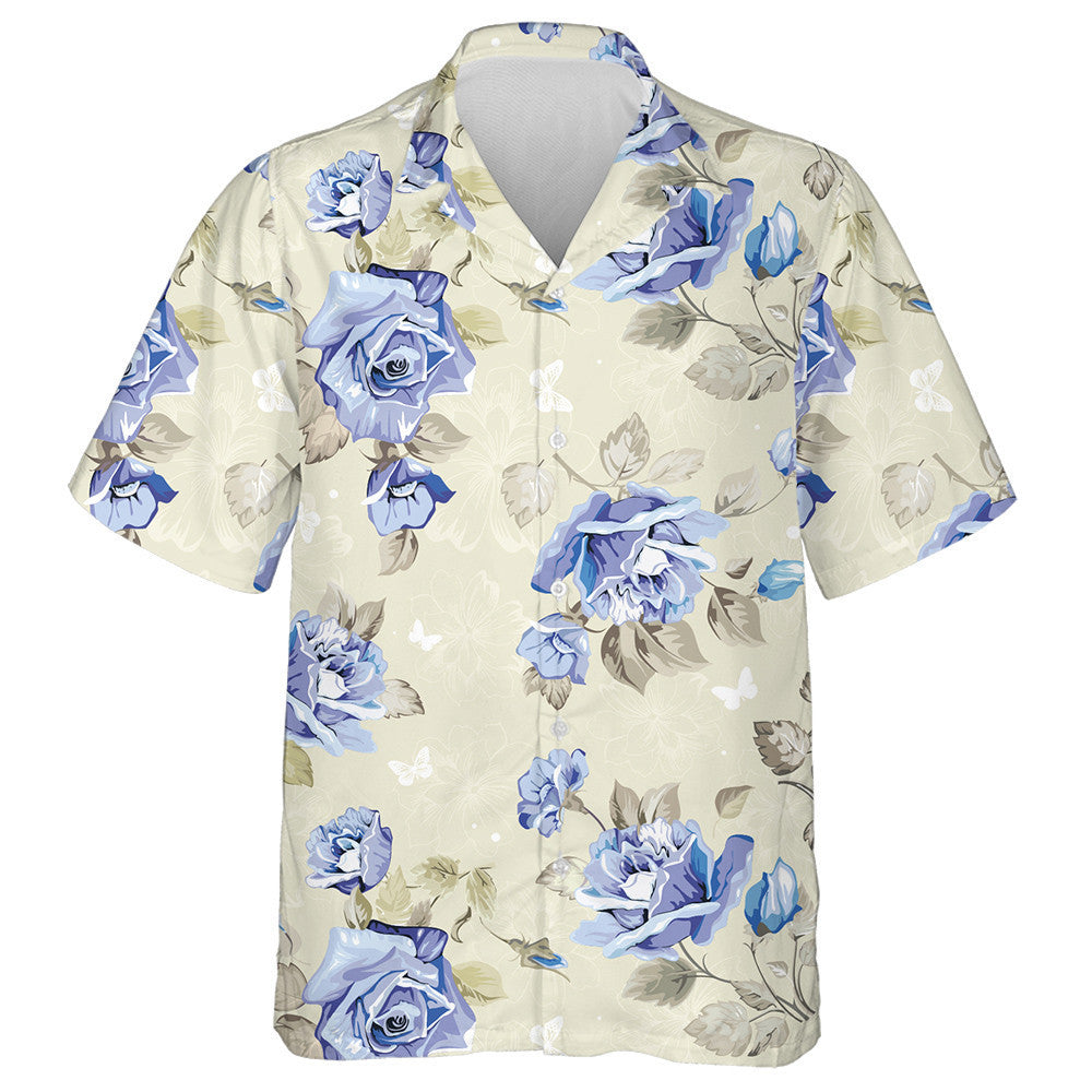 Impressive Blue Roses Branch With Little Butterflies Pattern Hawaiian Shirt , Hawaiian Shirt Gift, Christmas Gift