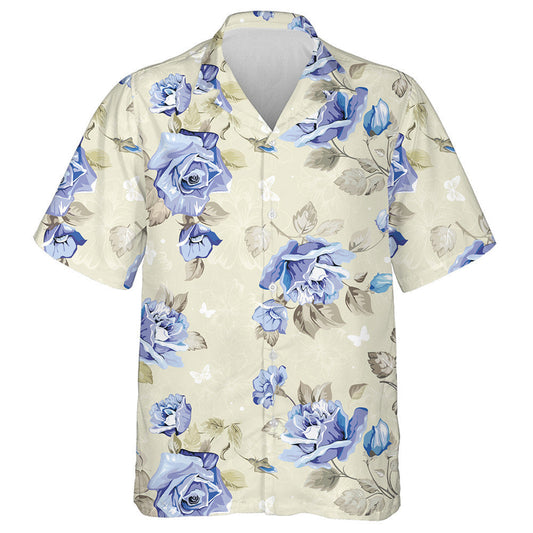 Impressive Blue Roses Branch With Little Butterflies Pattern Hawaiian Shirt , Hawaiian Shirt Gift, Christmas Gift