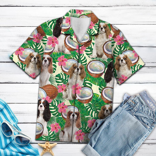 Cavalier King Charles Spaniel Tropical Coconut And Leaves Hawaiian Shirt, Hawaiian Shirt Gift, Christmas Gift