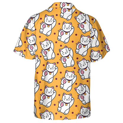 Maneki Neko Cat With Fish On Yellow Hawaiian Shirt, Hawaiian Shirt Gift, Christmas Gift