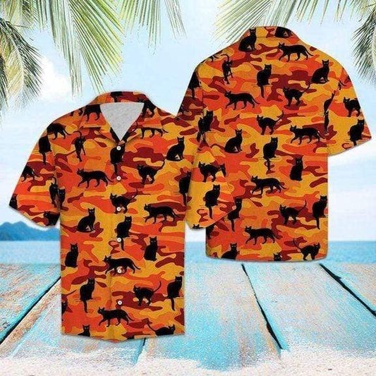 Halloween Black Cat On Orange Background Hawaiian Shirt, Hawaiian For Gift