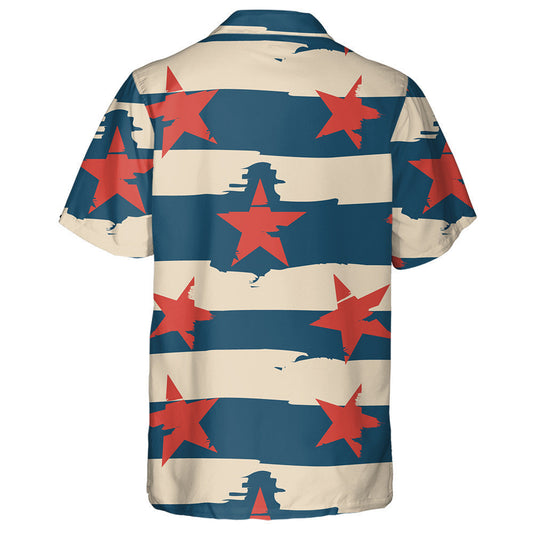 Retro Vintage Blue And Beige Striped With Red Stars Hawaiian Shirt, Hawaiian Shirt Gift, Christmas Gift