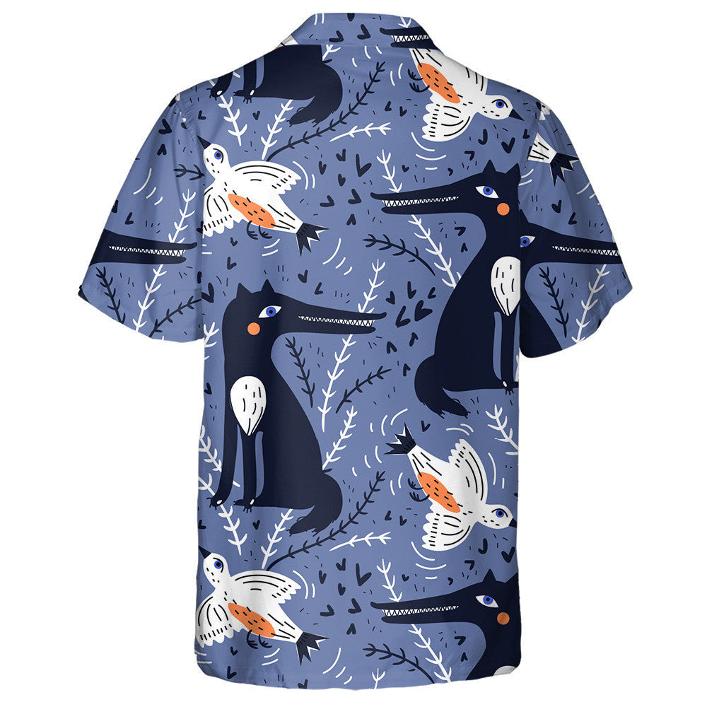 Funny Wolf And Flying Birds In Vintage Style Hawaiian Shirt, Hawaiian Shirt Gift, Christmas Gift