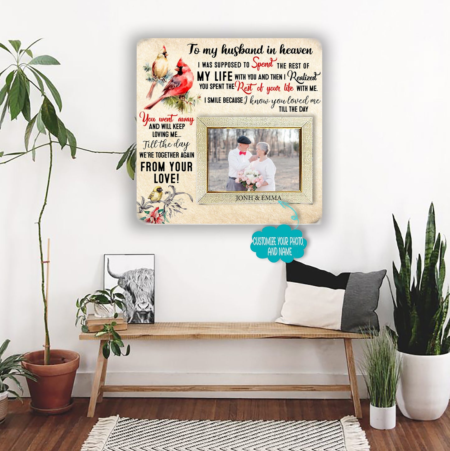 To my husband in heaven Memorial Picture Frame - Keepsake Plaque That Holds a custom Photo - Sympathy Gift to Tribute The Loss of a Loved One