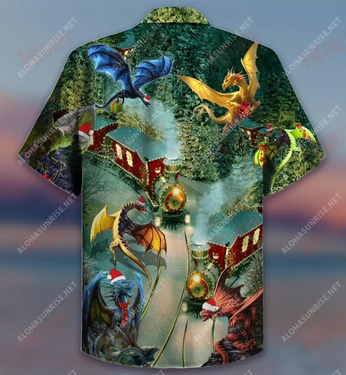 Dragons Christmas Train Short Hawaiian Shirt Ocean Tropical Shirts Best Hawaiian Shirts Hawaiian Shirts For Women, Hawaiian Shirt Gift, Christmas Gift