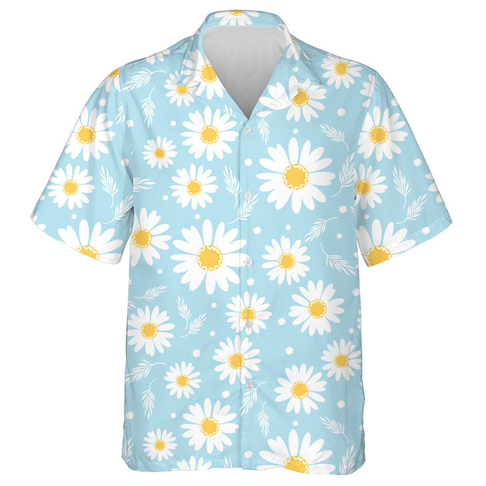 Sketch Small Daisy Flower And Leaves On Blue Background Hawaiian Shirt, Hawaiian Shirt Gift, Christmas Gift