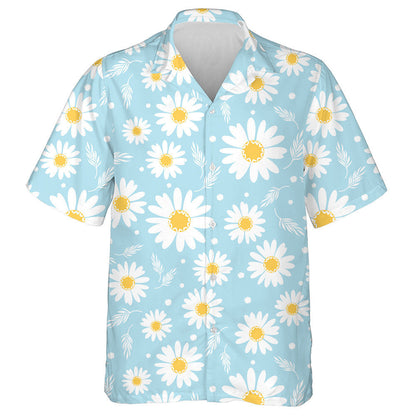 Sketch Small Daisy Flower And Leaves On Blue Background Hawaiian Shirt, Hawaiian Shirt Gift, Christmas Gift