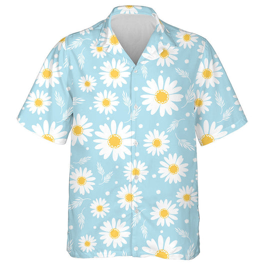 Sketch Small Daisy Flower And Leaves On Blue Background Hawaiian Shirt, Hawaiian Shirt Gift, Christmas Gift