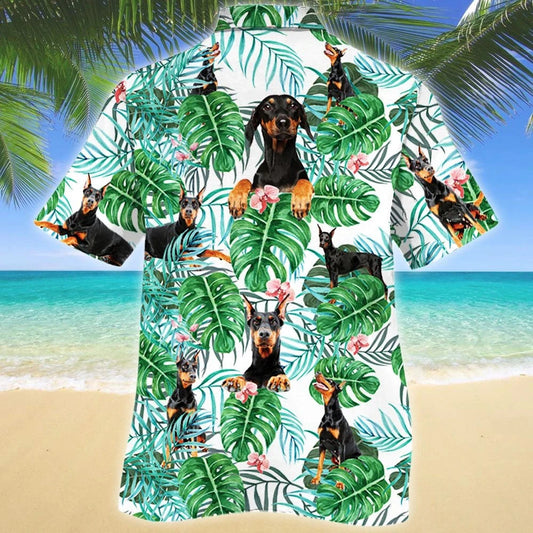 Doberman Pinscher Dog Tropical Plant Montera Leaves Pattern Hawaiian Shirt, Hawaiian Shirt Gift, Christmas Gift