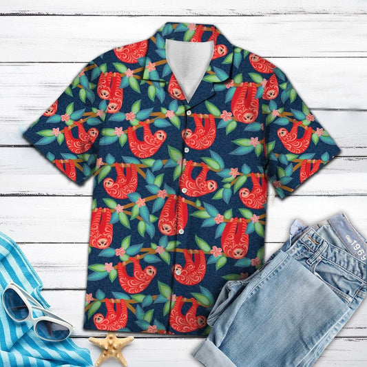 Happy Cartoon Red Sloth Climbing The Tree Pattern Hawaiian Shirt, Hawaiian Shirt Gift, Christmas Gift