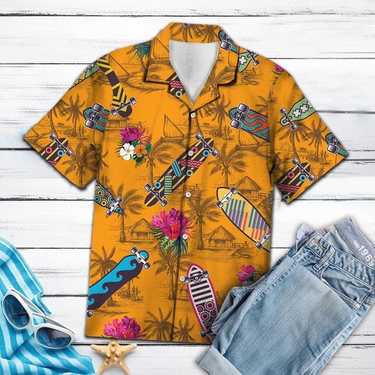 Cool Skateboard Tropical Flowers Burned Yellow Background Pattern Hawaiian Shirt, Hawaiian Shirt Gift, Christmas Gift
