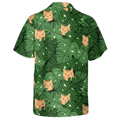 Monstera Leafs And Cats Faces In Green And Orange Hawaiian Shirt, Hawaiian Shirt Gift, Christmas Gift