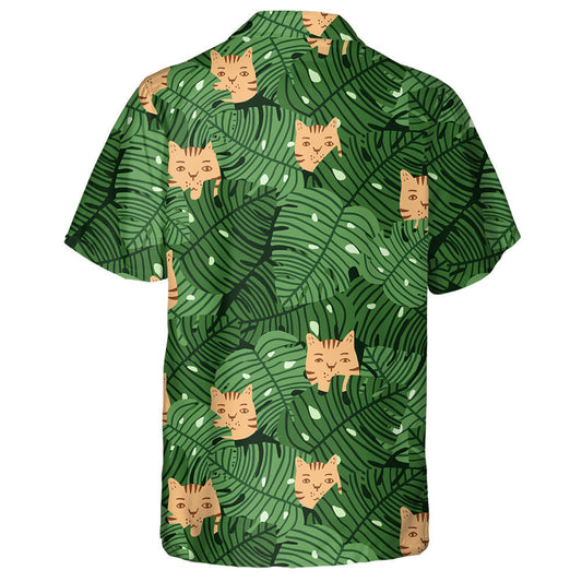 Monstera Leafs And Cats Faces In Green And Orange Hawaiian Shirt, Hawaiian Shirt Gift, Christmas Gift
