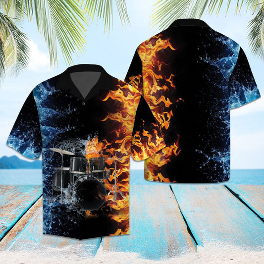 Amazing Drums With Water And Fire Rock Style Themed Hawaiian Shirt, Hawaiian Shirt Gift, Christmas Gift