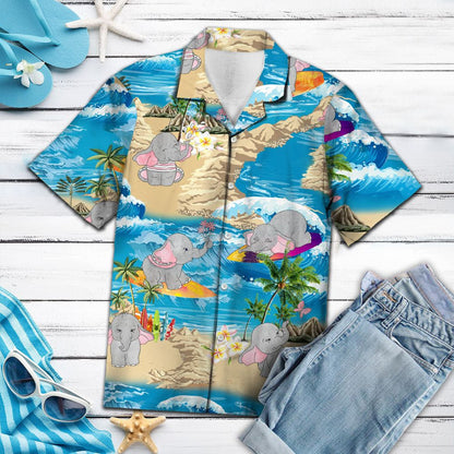 Cartoon Baby Elephant On Island Summer Vacation Pattern Hawaiian Shirt, Hawaiian Shirt Gift, Christmas Gift