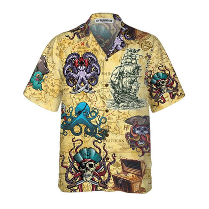 Octopus Pirate Hand Drawn Ship Pattern Vintage Hawaiian Shirt, Hawaiian Shirt Gift, Christmas Gift