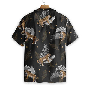 Wild Tiger With Palm Leaves On Black Backdrop Hawaiian Shirt, Hawaiian Shirt Gift, Christmas Gift