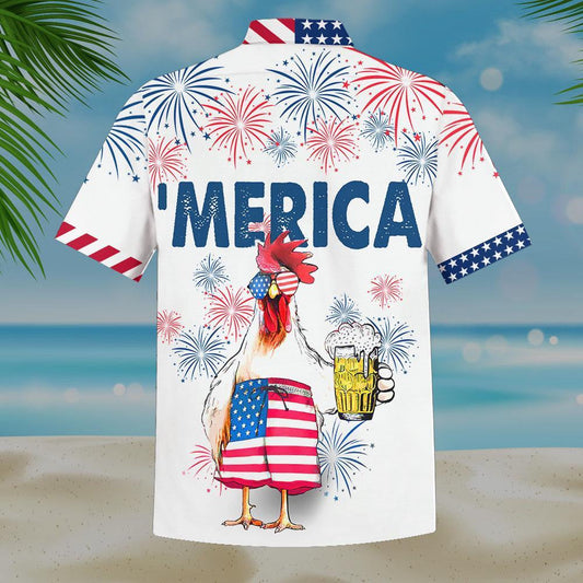 Famille Chicken Beer On White Background Pattern Hawaiian Shirt, Hawaiian Shirt Gift, Christmas Gift