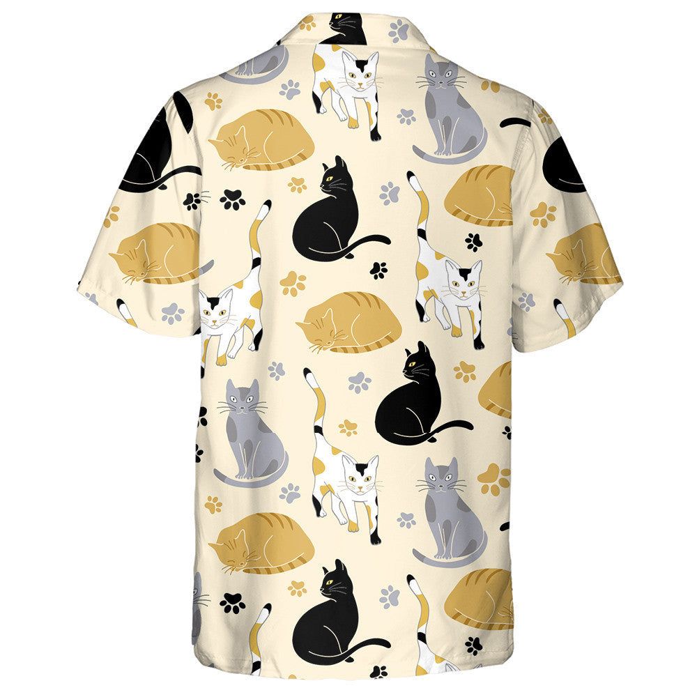 Cats And Paw Prints On Yellow Hawaiian Shirt, Hawaiian For Gift
