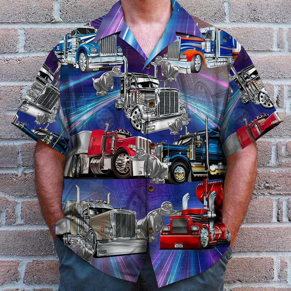 Gift For Trucker Cool Trucks Colorful Lights Background Hawaiian Shirt, Hawaiian Shirt Gift, Christmas Gift