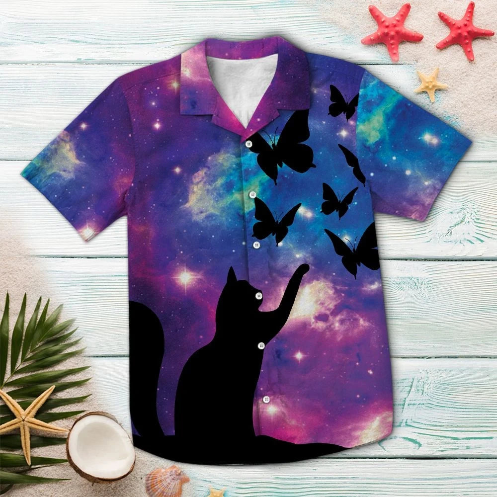 Hawaiian Shirt Impressive Purple Galaxy Cat Playing With Butterflies, Hawaiian Shirt Gift, Christmas Gift