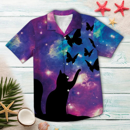 Hawaiian Shirt Impressive Purple Galaxy Cat Playing With Butterflies, Hawaiian Shirt Gift, Christmas Gift