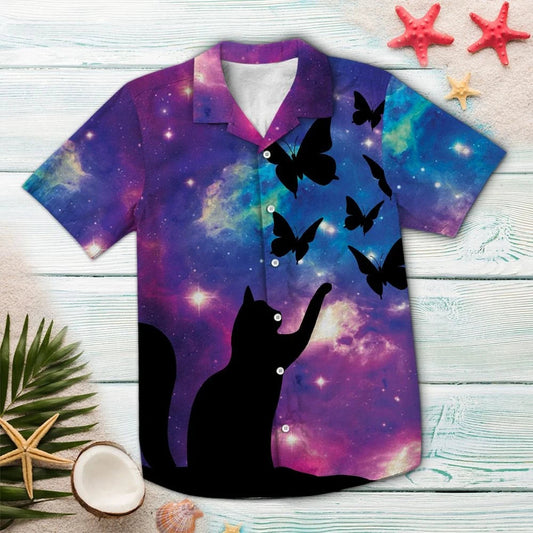 Hawaiian Shirt Impressive Purple Galaxy Cat Playing With Butterflies, Hawaiian Shirt Gift, Christmas Gift
