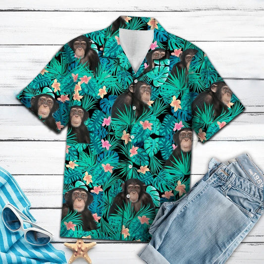 Chimpanzee Tropical Forest With Flower And Leave Pattern Hawaiian Shirt, Hawaiian Shirt Gift, Christmas Gift