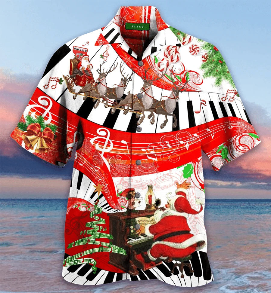 Wild Reindeer And Christmas Piano Design Hawaiian Shirt, Hwaiian For Gift