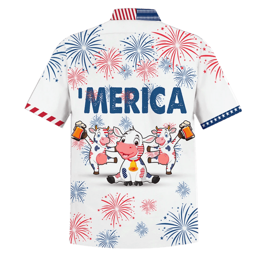 Cow Beer Dancing Blue And Red Firework Hawaiian Shirt, Hawaiian Shirt Gift, Christmas Gift