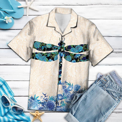 Abstract Blue Flower Dragonfly Insect On Beige Hawaiian Shirt, Hawaiian Shirt Gift, Christmas Gift
