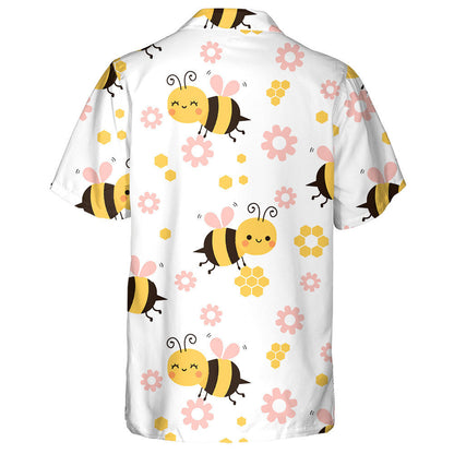 Bee Cartoons And Little Flowers On White Background Hawaiian Shirt, Hawaiian Shirt Gift, Christmas Gift